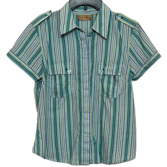 🌞 i. e. Relaxed short sleeve blue green stripes button up shirt pockets M - Picture 1 of 16